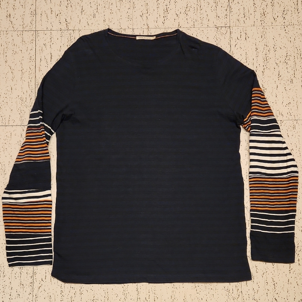 Nudie Jeans Co Navy Blue Long Sleeve Tee with Stripe Sleeves